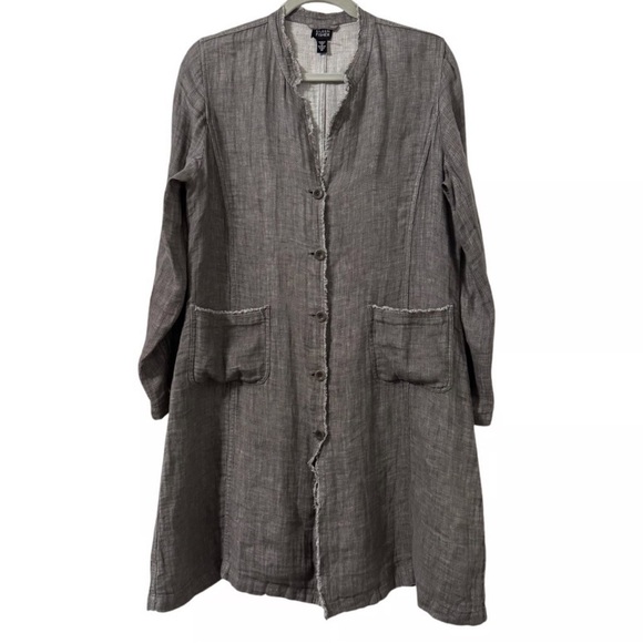 Eileen Fisher Jackets & Blazers - [M]Eileen Fisher Dark Gray Irish Linen LS Fringe Button Duster Cardigan Jacket